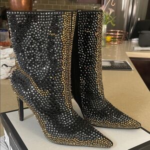 Glamorous Black and Gold Studded Heeled Boots